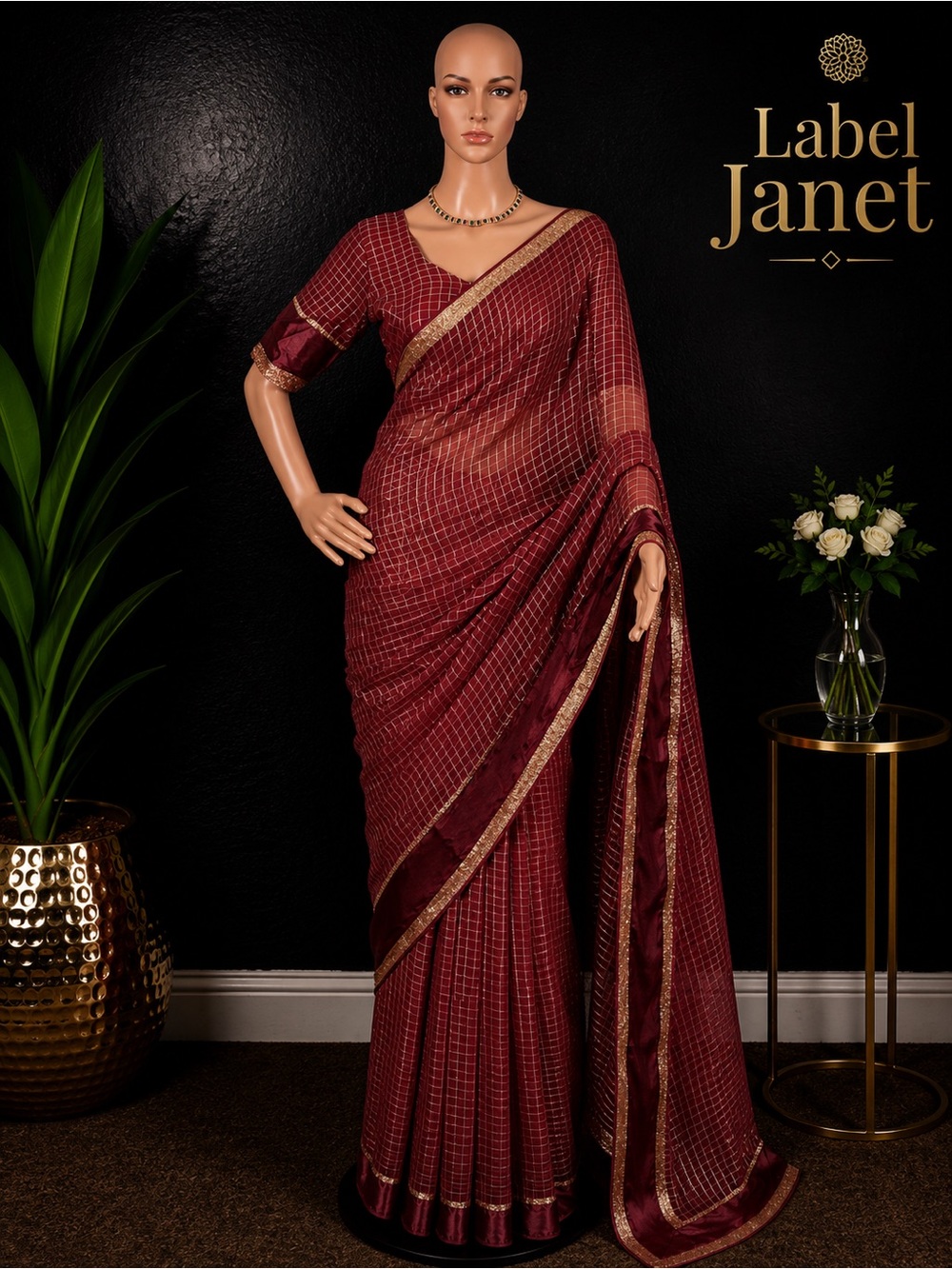 Brand new brown checked Viscose saree with stitched blouse (34” - 42”)